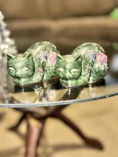 Fritz & Floyd Cloisonne’ Porcelain Cat Dark Green& Gold Floral Pair 2