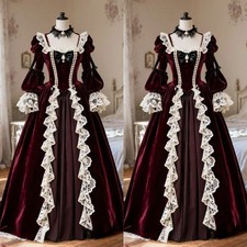 Medieval Victorian Prom Dresses Burgundy Lace Ruffle Velvet Vintage Evening Gown