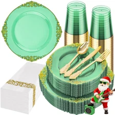 175pcs Clear Green Plastic Plates - Elegant Disposable Dinnerware Set Suitabl...