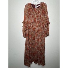 Mango MNG Floral Smocked Midi Dress Orange Burgundy Ruffle Sleeve Size 8