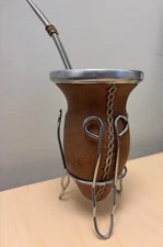 Handmade leather MATE Gourd -steel STRAW -GUARDA PAMPA -ARGENTINA+Metal Stand