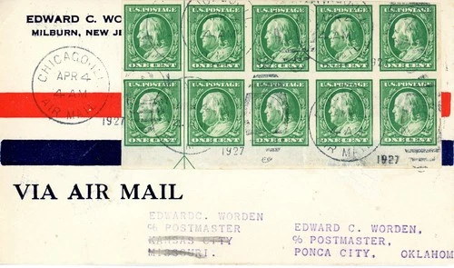 FFC Cam 3 R3N10 Chicago to Ponca City, Franklin Imperf Block of 10 w/guideline