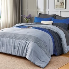 Full Size Comforter Set 7 Pieces - Blue Grey Striped Lightweight Bed in a Bag...