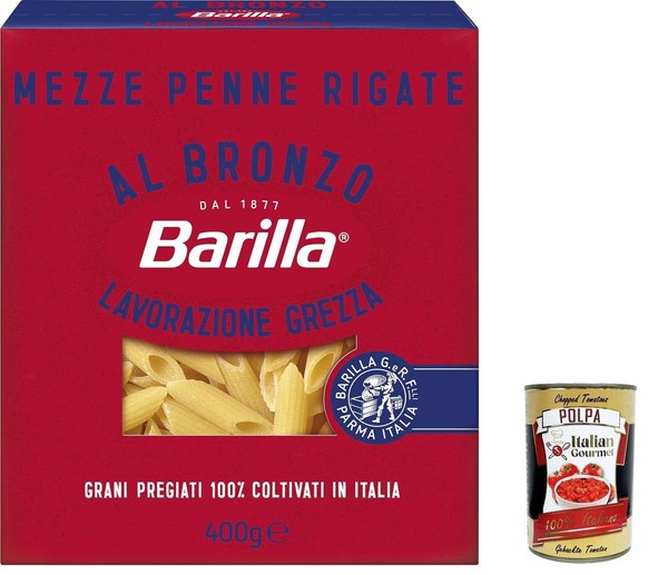 10X Barilla Mezze Penne Rigate Al Bronzo Bronze Gezogene Pasta 400G +Polpa 400G-image