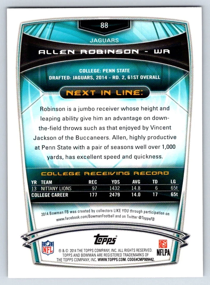 2014 Bowman 88 Allen Robinson Rookies Black   Jacksonville Jaguars Football Card - Image 2 of 2