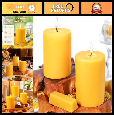 ''2 Packs 3''x4'' Pure Beeswax Pillar Candles - 120 Hour Long Burn, Smokeless & Dri