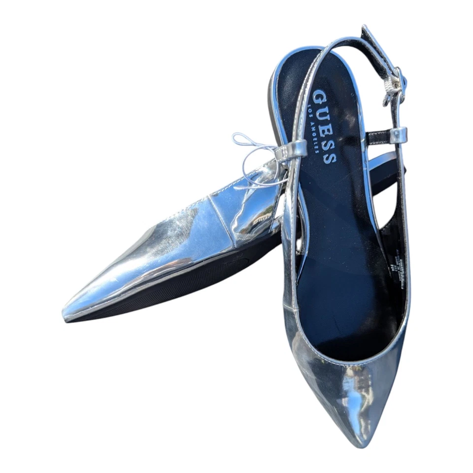 Guess Trifina Lámina Plateada Metálica Punta Eslinga Trasera Plana Talla 7M EE. UU. Nuevo Foto 3 de 4