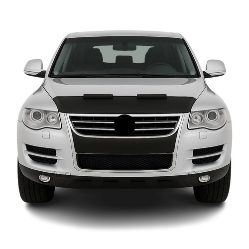 Black VW Touareg bonnet mask with mesh front and dual front headlights on a white background.