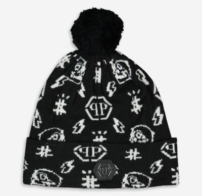 PHILIPP PLEIN Black Pom Pom Design Beanie Hat