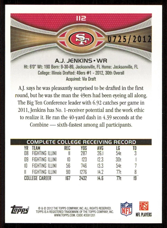 2012 Topps Gold #112 A.J. Jenkins /2012 - Image 2 of 2
