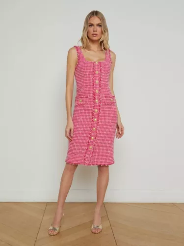 L'AGENCE Aya Tweed Midi Dress Pink/Ivory - Picture 1 of 8