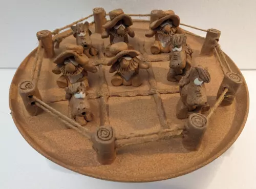 VTG 1970s Handmade Corral of Cowboys & Horses Tic Tac Toe Game ONE OF A KIND