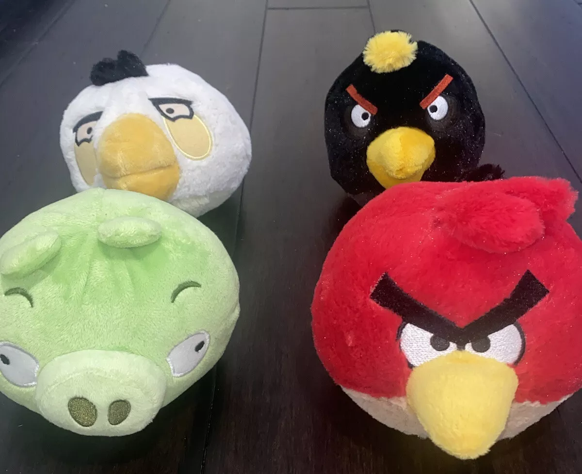 4 Angry Birds Plush Stuffed Animal Bundle Lot Red White Black Green Pig Toys Set