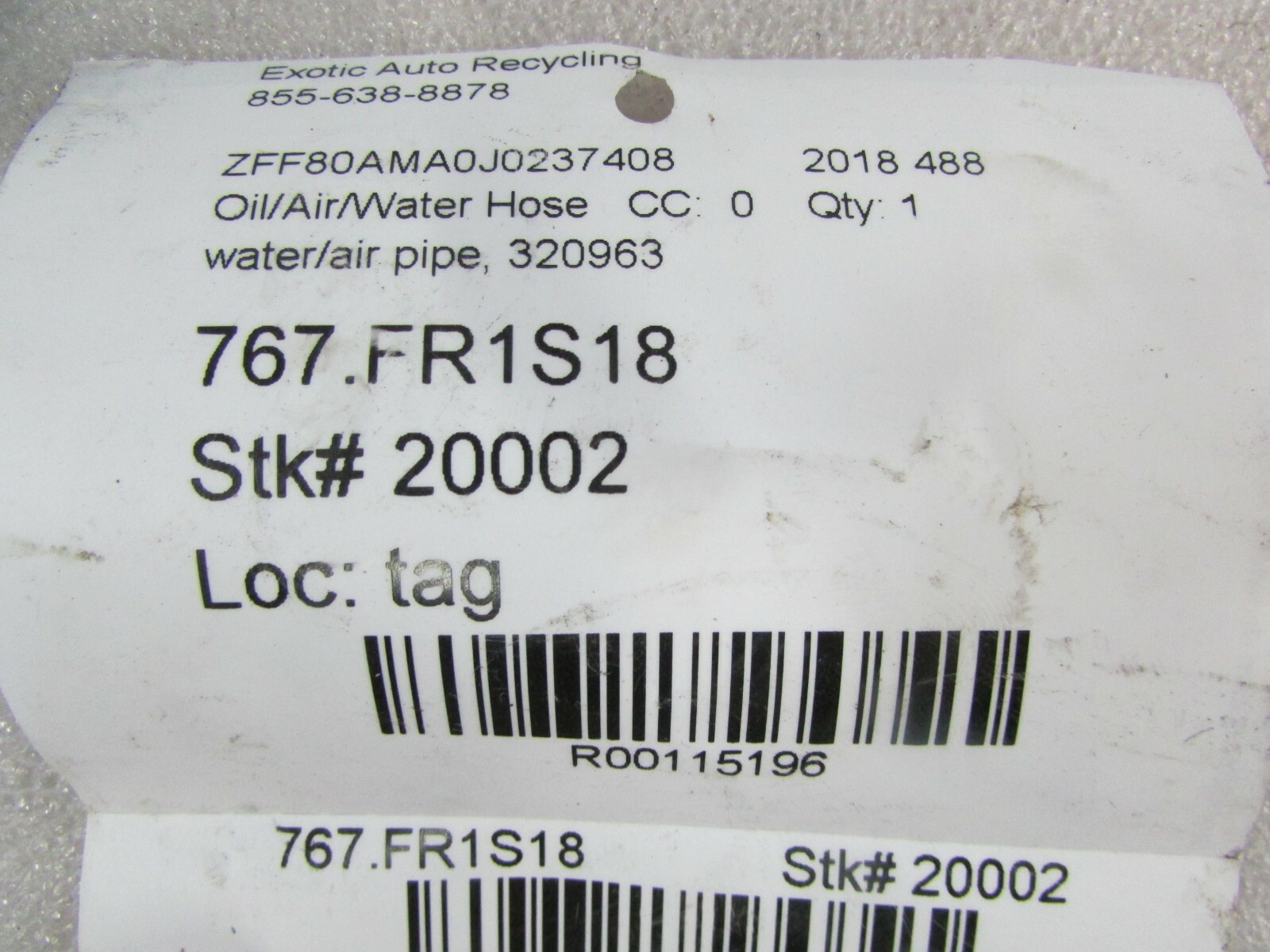 Ferrari 488, Rigid Turbo Cooling Pipe, Used, P/N 320963