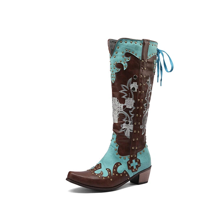 Mujeres Vaqueras Occidentales Botas hasta la Rodilla Tacones Cubanos Punta Zapatos con Cordones Talla Foto 4 de 4