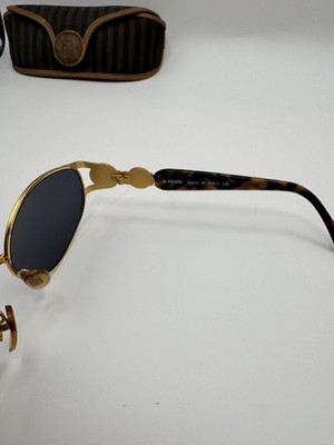 Fendi FS 261 Vintage Gold Oval Sunglasses Blue Lens Tortoise 