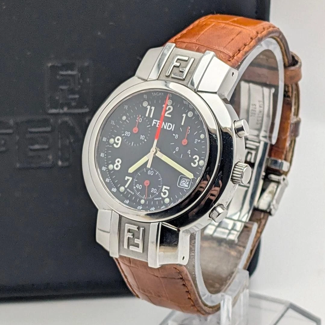 FENDI 4500G Chronograph Black Dial Brown Leather Men's Watch Box