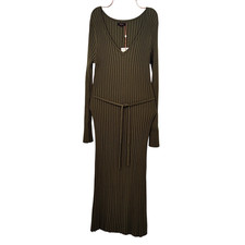 Quince Women Cotton Cashmere Ribbed Long Sleeve V-Neck Midi Dress Olive L