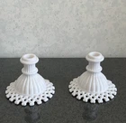 Vintage Westmoreland Lattice Edge Milk Glass Candlestick Holders Set of 2