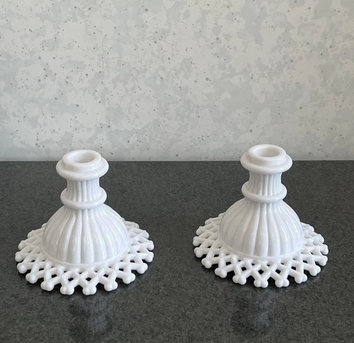 Vintage Westmoreland Lattice Edge Milk Glass Candlestick Holders Set of 2