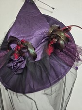 Purple Black Witchs Hat with Feathers Lg Black Spider Netting Halloween Costume
