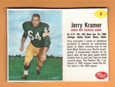 1962 Post SP #8 Jerry Kramer - Green Bay Packers, Excellent Condition!