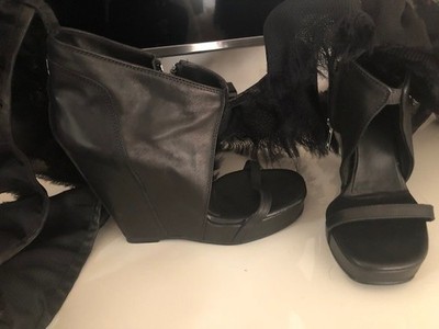 NEW $1325 RICK OWENS  Black Leather Open Toe Wedge Boots R39 L38