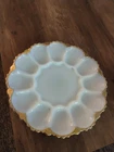 Vintage Anchor Hocking White Glass Deviled Egg Plate Gold Trim Mid Century Mod