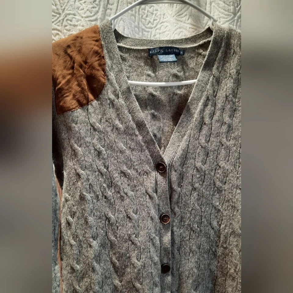 Ralph Lauren Suéter Mujer Grande Gris Cárdigan Lana Cachemira Gamuza De Colección Foto 3 de 4