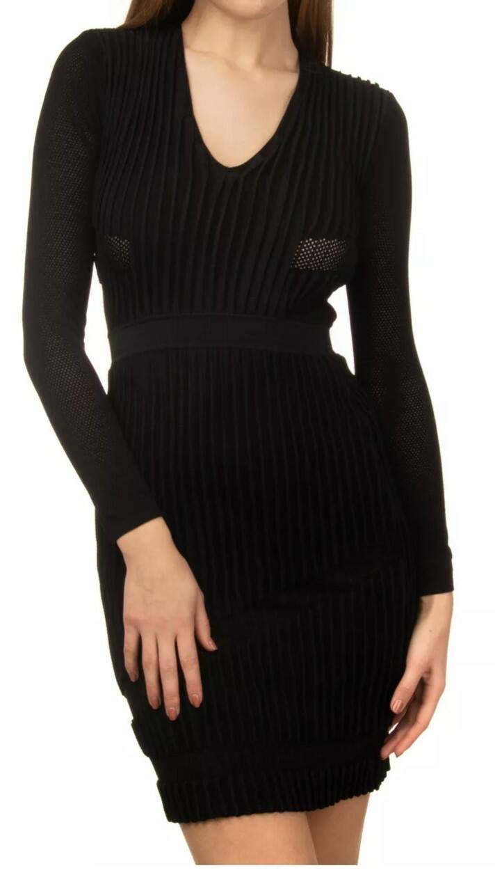 VERSACE Mini Bodycon Dress Size 40 / S Ribbed Black Long Sleeve V Neck RRP £885
