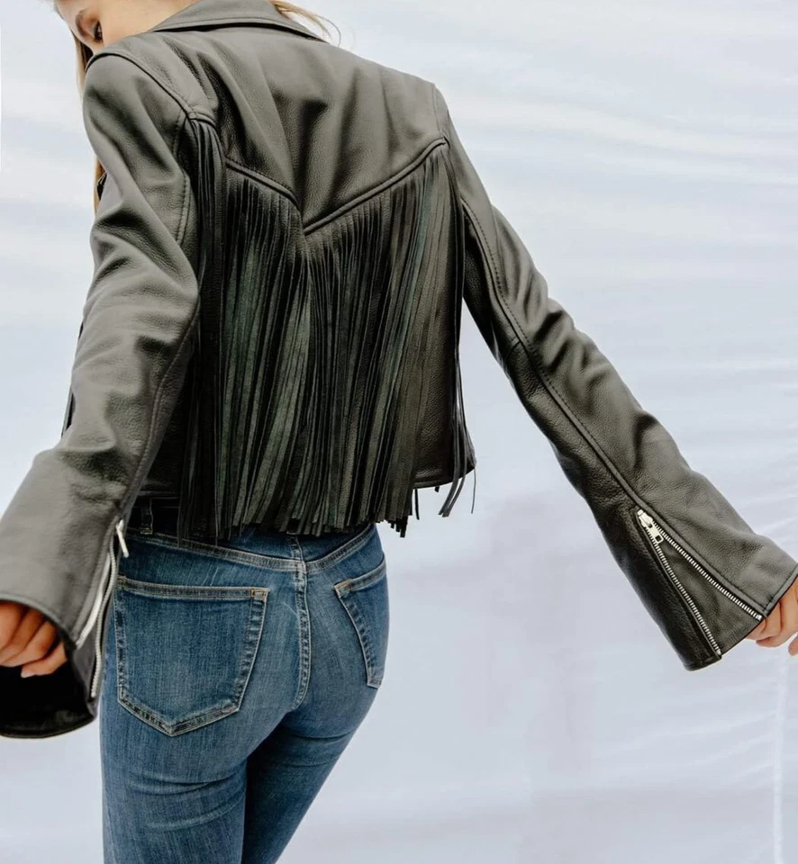 Womens Black Lambskin Leather Fringe Biker Jacket Motorcycle Style Size M L XL - Image 3 of 4