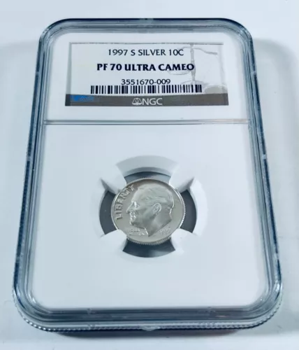 1997 S SILVER 10C PF 70 ULTRA CAMEO NGC Brown Label