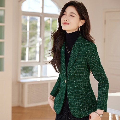 Blazer Vintage Femme Taille 8 – Laine Tweed Vert – Col Daim – David N.