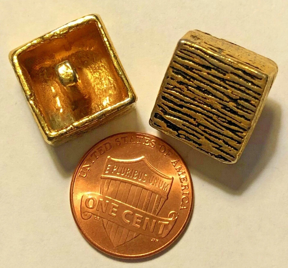 2 Heavy Square Thick Gold Tone Metal Shank Buttons Just Over 5/8" 16.2mm 9698 - Image 3 of 3