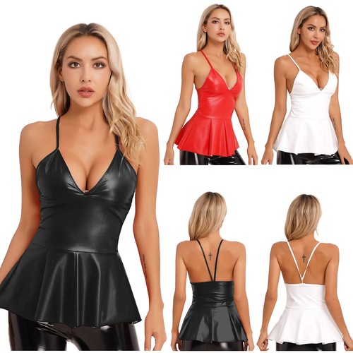 Women Latex Leather Zipper Bodycon Mini Dress Sexy Wet Look Shiny Skirt Clubwear