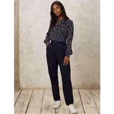 People Tree NEW Annis Organic Cotton Twill Pleated High Rise Trousers Navy US 12