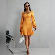 ✨Vibrant Marigold Pleated Dress with Button Front and Bishop Sleeves SZ Small💕✨