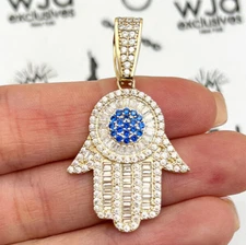 14K Yellow Gold Baguette Stone Sapphire Hamsa Pendant 1.6"