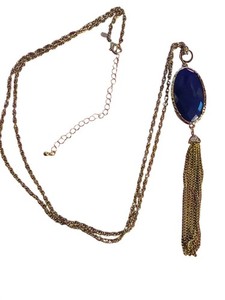 Authentic Premier Designs Gold Plated Chain Necklace Blue Green Pendant Tassel 40" NWOT