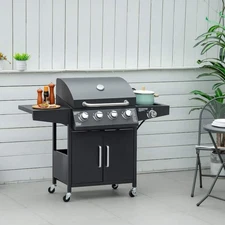 Outdoor 4+1 Burner Gas Grill BBQ Trolley w/ Warming Rack, Side Shelf