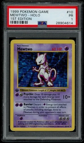 1999 Pokemon Base Set Shadowless Mewtwo 1st Edition Holo Card #10 - PSA 1