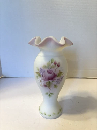 FENTON SATIN GLASS 9" VASE W/A ROSE & WILDFLOWERS PINK RUFFLED RIM SIGNED FLEAK