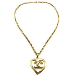 Authentic Chanel Cc Heart Pendant Metal Gold Gold_Plated Necklace Jewelry