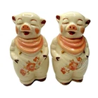 Shawnee Pottery Smiley Pig Salt & Pepper Shakers RARE Gold Trim Decals Peach