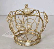 Golden Crown Glitter Wire  Faux Pearls Christmas Ornament 
