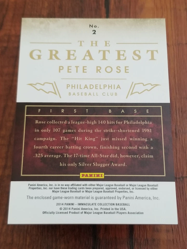 Pete Rose 2014 Panini Immaculate MLB Baseball Game-Worn Jersey Card - #37/49 - Image 4 of 4