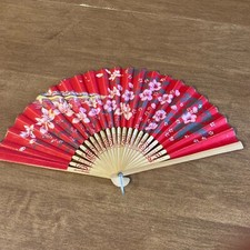 Vintage Wooden Hand Fans Fold Up 1940-1950s Japan Red Floral