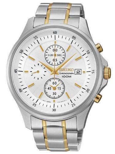 Seiko-Men-039-s-Chronograph-Gold-Steel-2-Tone-100m-Watch-SNDC29-SNDC29P1