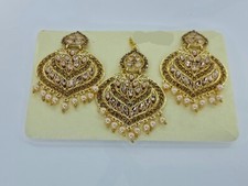GOLD PLATED 3PCS EARRINGS TIKKA BRIDAL SET PARTY WEAR WEDDINGS MEHNDI OCCASIONS 