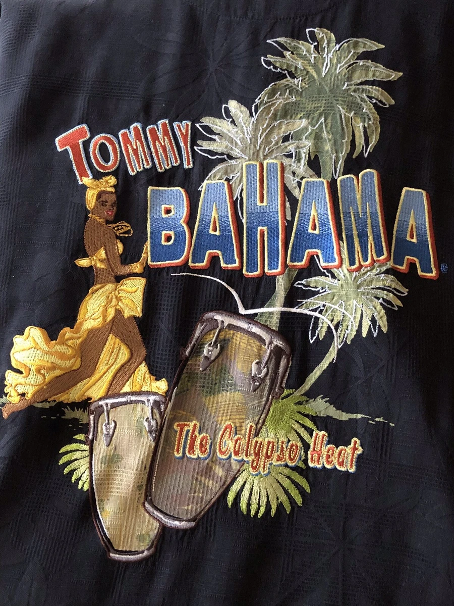 Tommy Bahama Hawaiian Shirt Embroidered Calypso Drums Rum Silk